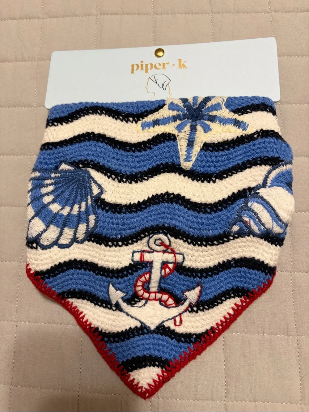 2 pc Set - Piper K Blue & White Nautical Knit Bandana Bib and Wet Brush